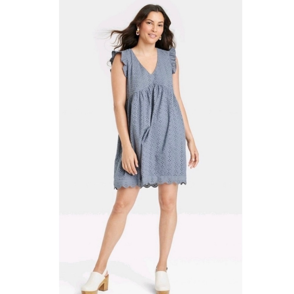 KNOX ROSE Blue Eyelet Cap Sleeve Mini Babydoll Dress